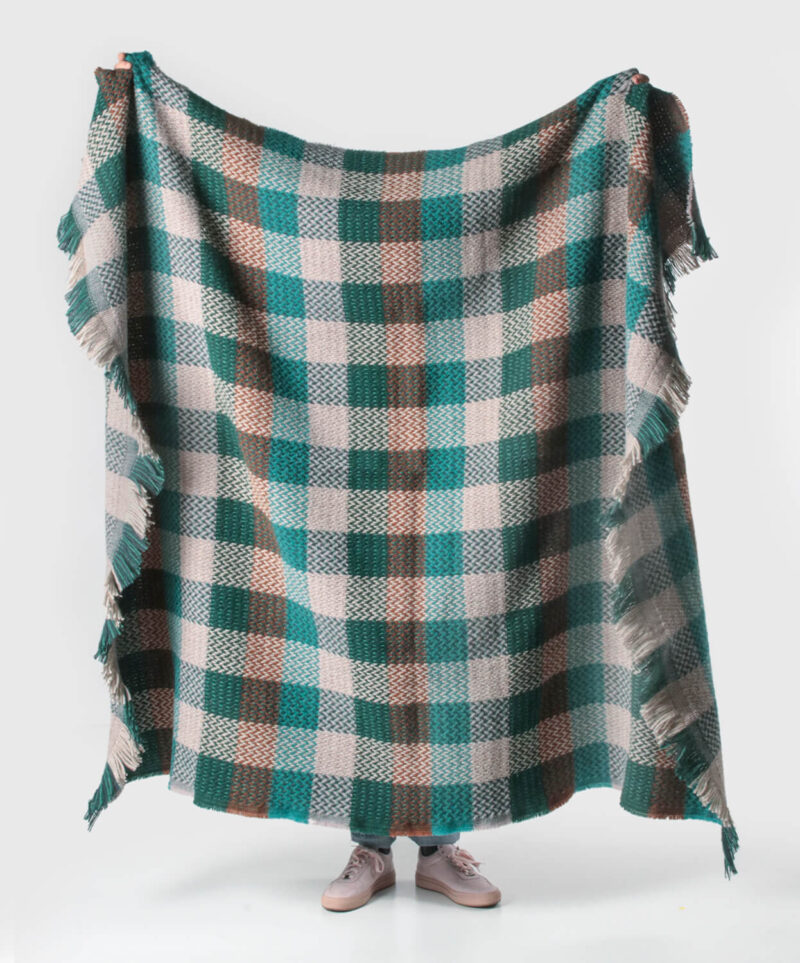 Tweedmill plaid XL-Recycled wol-Blokken-Groen bruin-wollen-dekentje