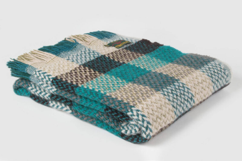 Tweedmill plaid XL-Recycled wol-Blokken-Turquoise-beige-wollen-dekentje