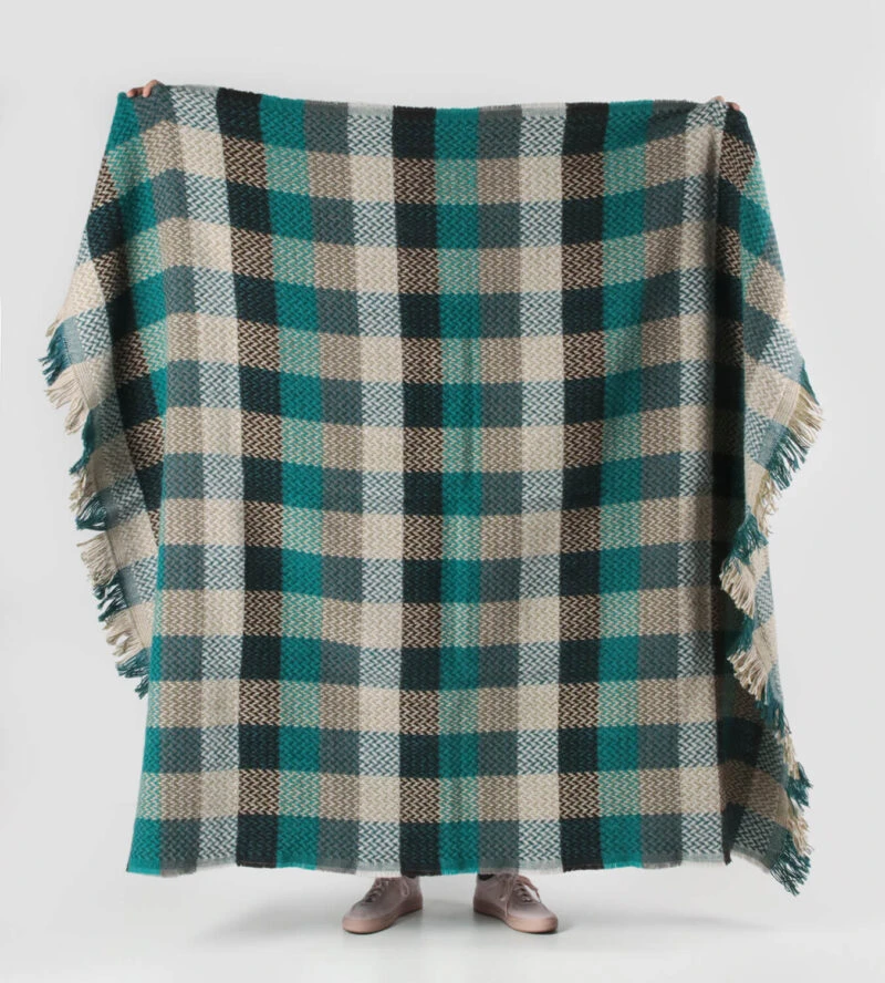 Tweedmill plaid XL-Recycled wol-Blokken-Turquoise-beige-wollen-dekentje