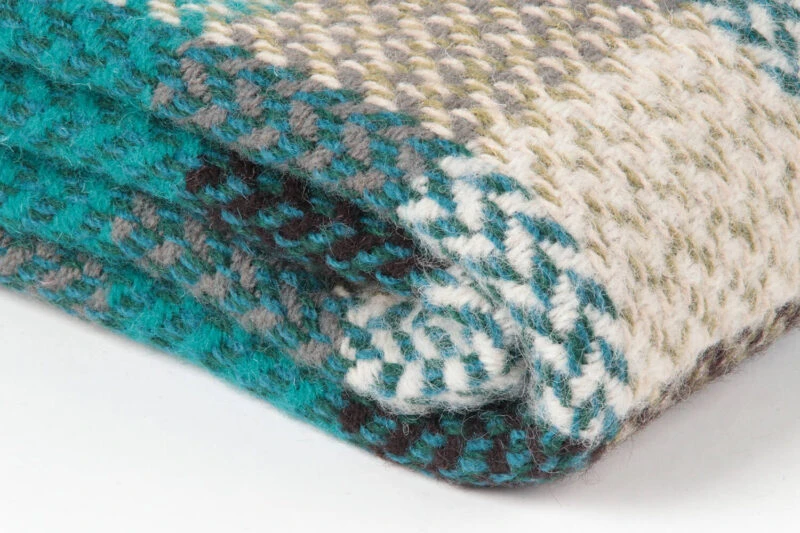 Tweedmill plaid XL-Recycled wol-Blokken-Turquoise-beige-wollen-dekentje