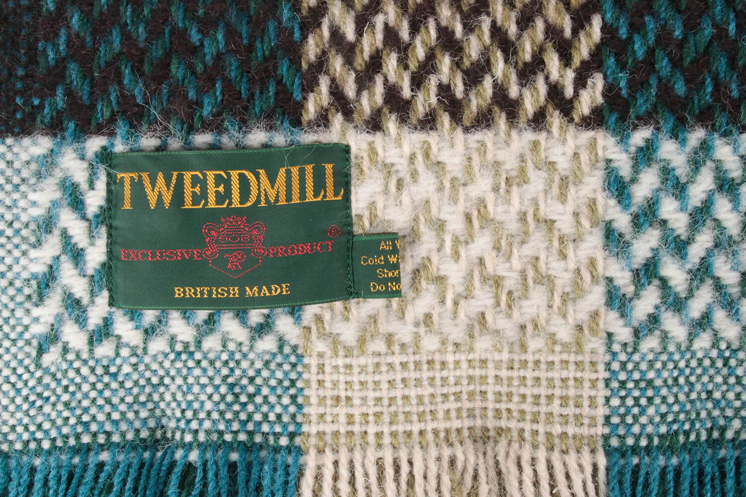 Tweedmill plaid XL-Recycled wol-Blokken-Turquoise-beige-wollen-dekentje